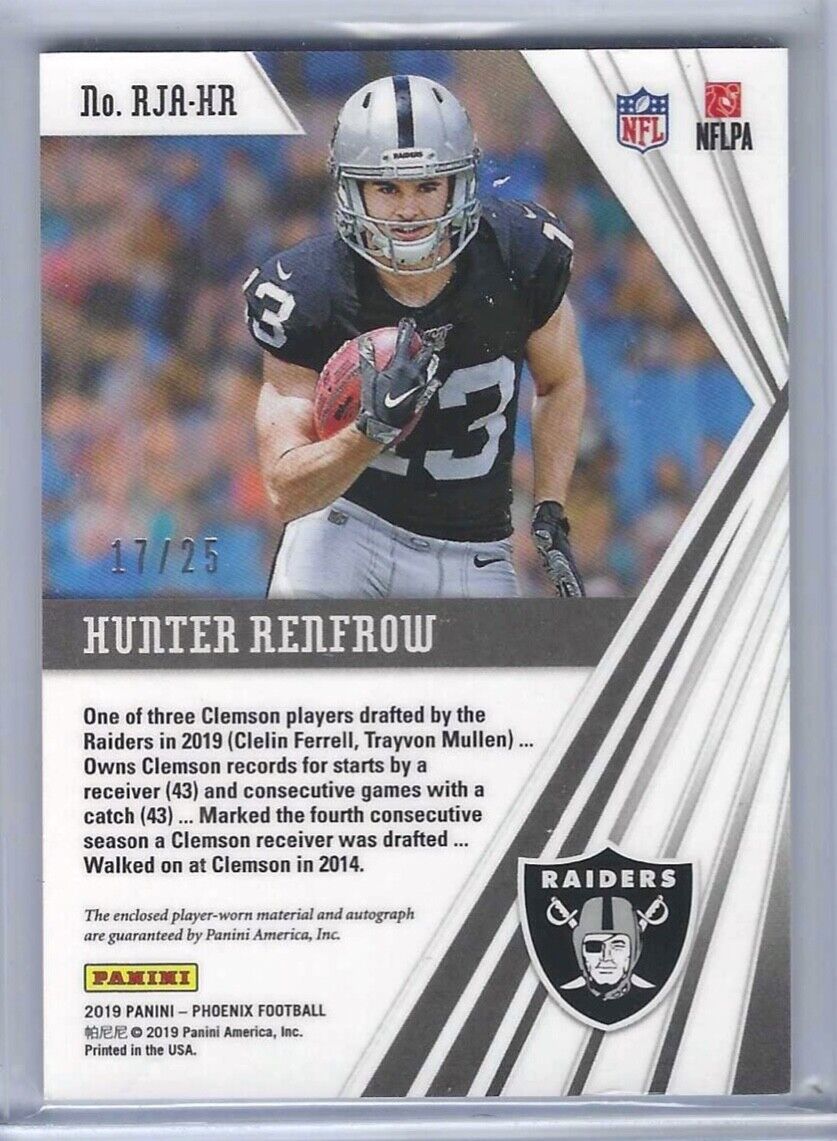 HUNTER RENFROW 2019 PANINI PHOENIX TEAL AQUA PRIZM ROOKIE PATCH AUTO RC #D 17/25