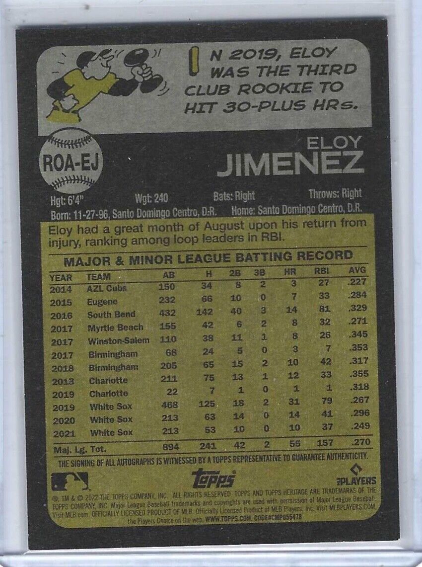 ELOY JIMENEZ 2022 TOPPS HERITAGE REAL ONE ON CARD AUTO #ROA-EJ