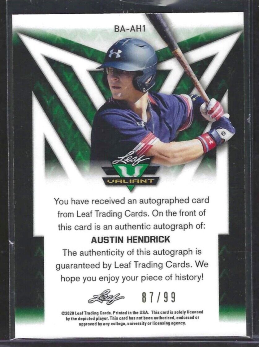 AUSTIN HENDRICK 2020 LEAF VALIANT GREEN PRIZM ROOKIE AUTO RC #D 87/99