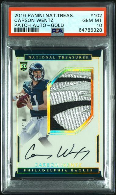 CARSON WENTZ 2016 NATIONAL TREASURES GOLD RPA PATCH AUTO RC /10 PSA 10 POP 1/1
