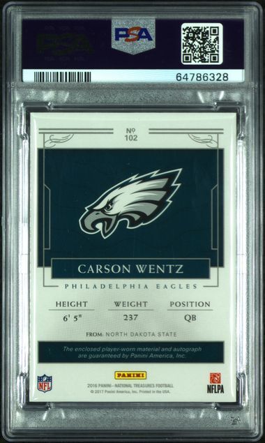 CARSON WENTZ 2016 NATIONAL TREASURES GOLD RPA PATCH AUTO RC /10 PSA 10 POP 1/1