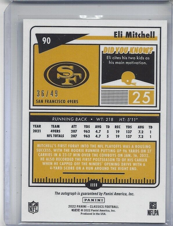 ELI MITCHELL 2022 PANINI CLASSICS PREMIUM GOLD OPTICHROME AUTO #D /49