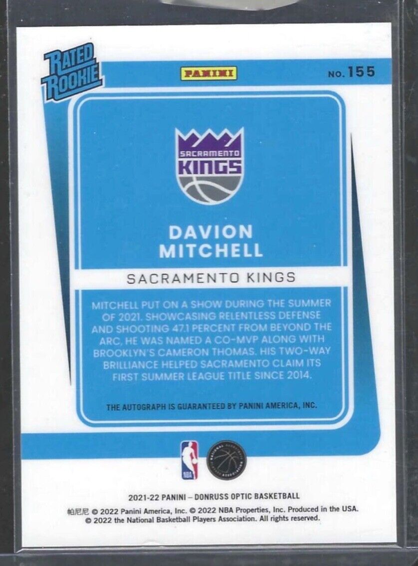 DAVION MITCHELL 2021-22 PANINI DONRUSS OPTIC RATED ROOKIE ON CARD AUTO RC #155