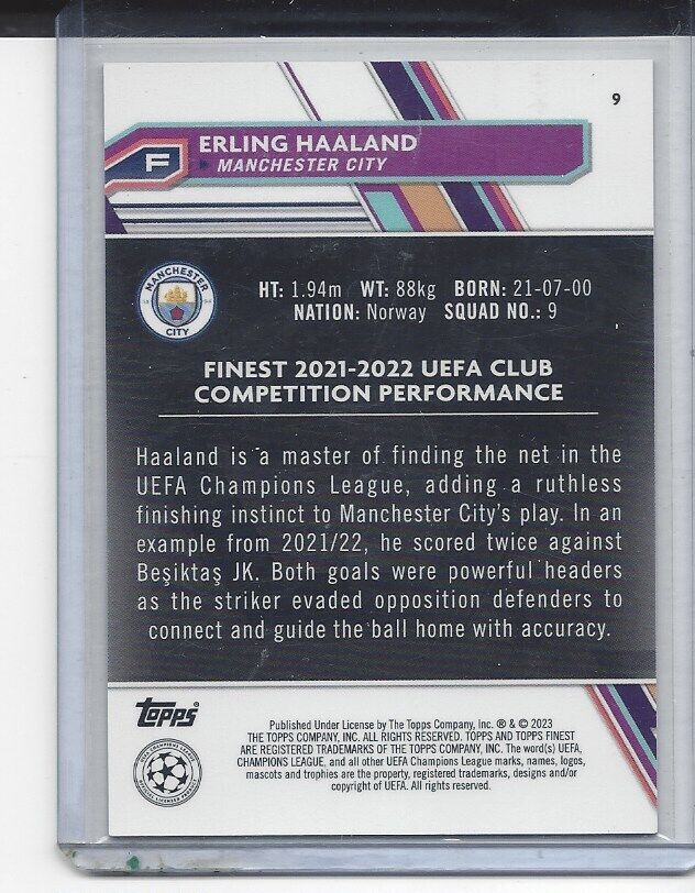 ERLING HAALAND 2022-23 TOPPS FINEST MANCHESTER CITY ORANGE REFRACTOR #D 10/25