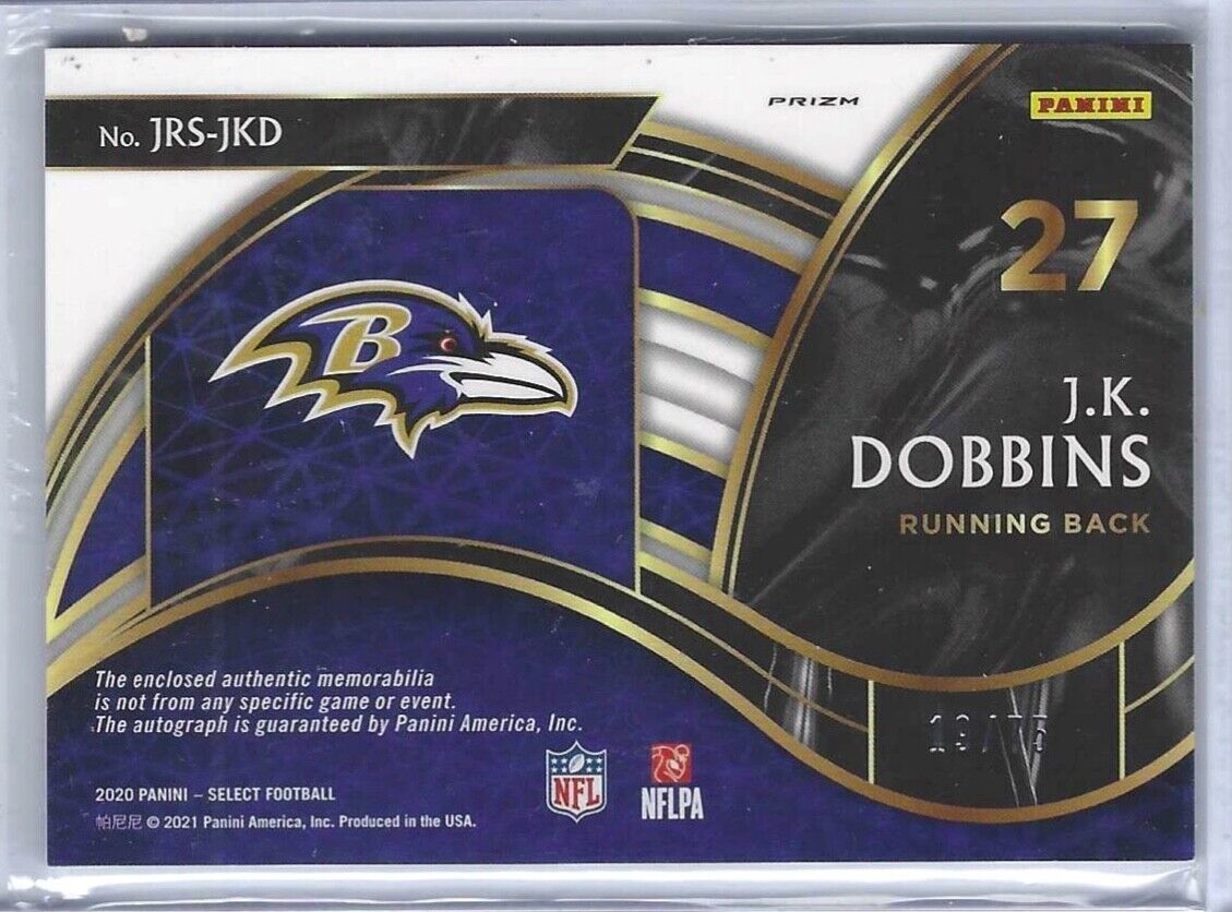 JK DOBBINS 2020 PANINI SELECT WHITE PRIZM ROOKIE PATCH AUTO RC #D 19/75