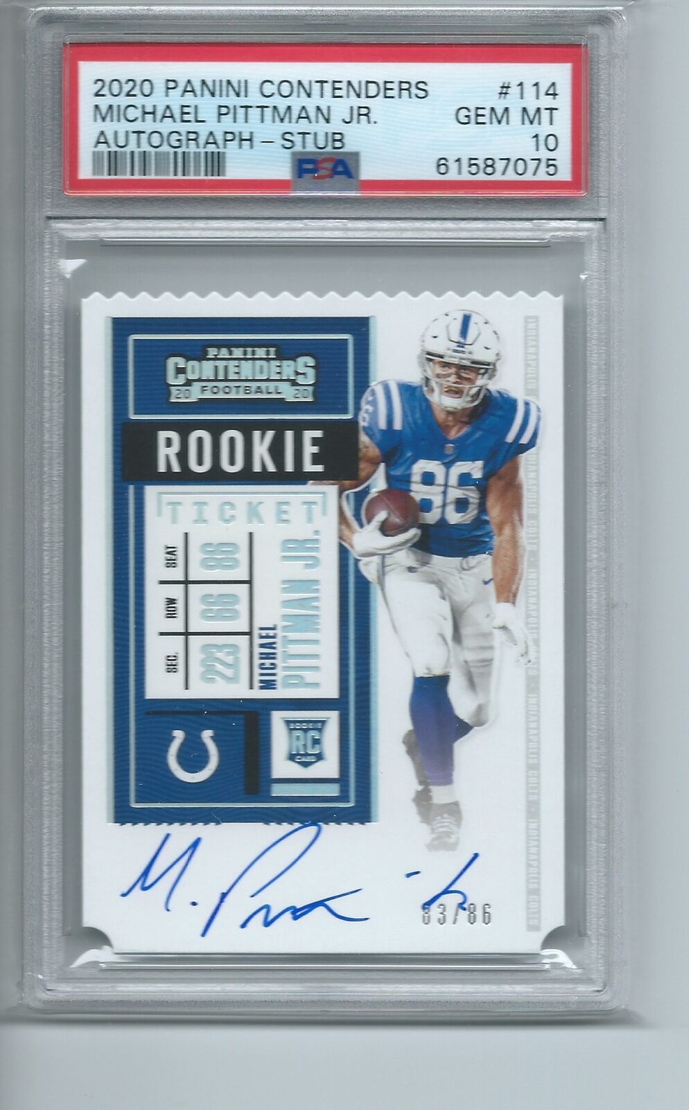 MICHAEL PITTMAN JR 2020 PANINI CONTENDERS STUB ROOKIE TICKET AUTO RC /86 PSA 10