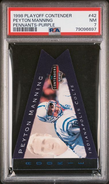 PEYTON MANNING 1998 PLAYOFF CONTENDERS PENNANTS #42 PURPLE DIE CUT RC PSA 7 POP3
