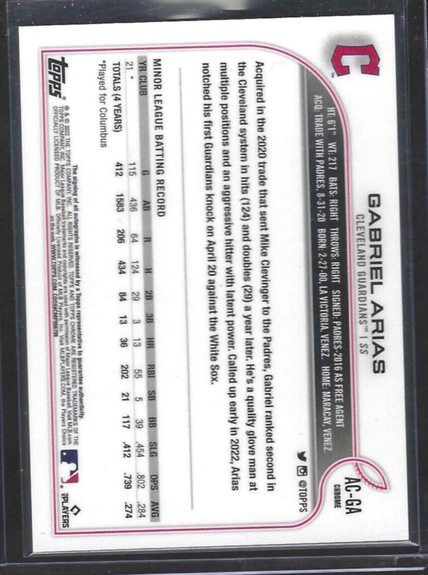 GABRIEL ARIAS 2022 TOPPS CHROME REFRACTOR ROOKIE AUTO RC #AC-GA