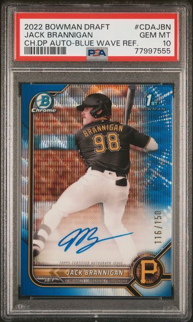 JACK BRANNIGAN 2022 BOWMAN DRAFT CHROME 1ST BLUE WAVE REFRACTOR AUTO /150 PSA 10