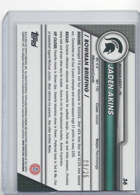 JADEN AKINS 2023-24 BOWMAN CHROME UNIVERSITY 1ST ORANGE SHIMMER REFRACTOR #D /25