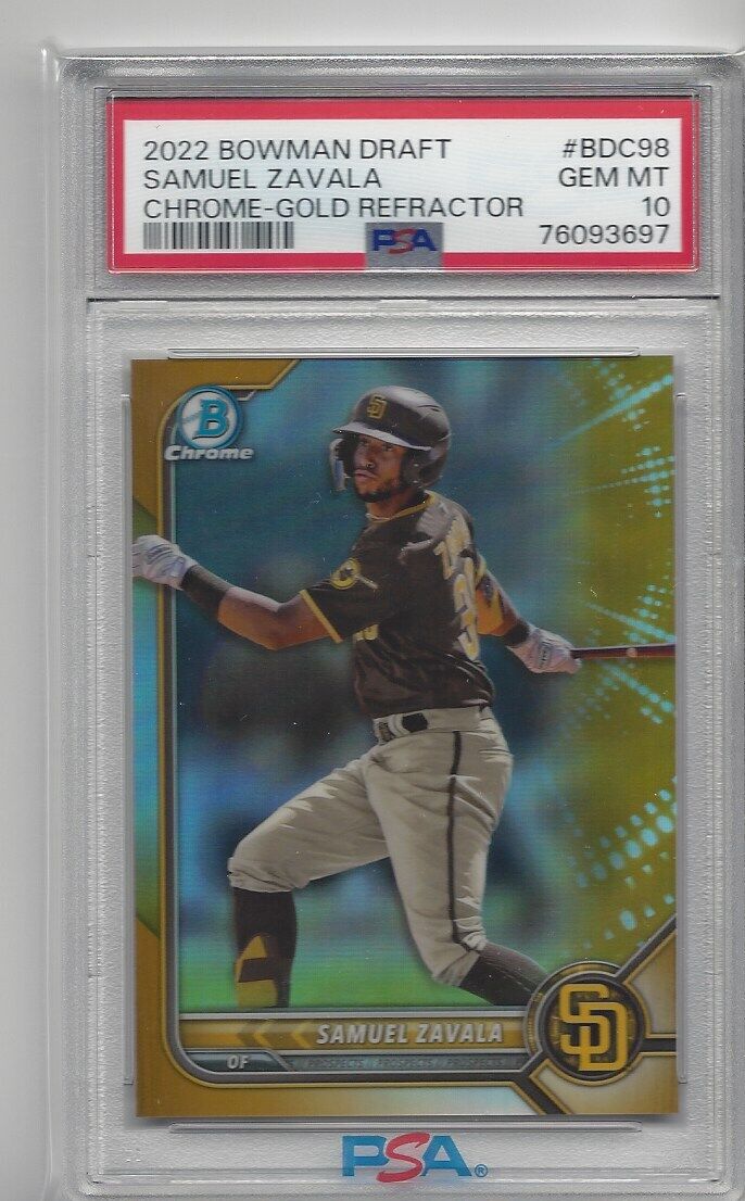 SAMUEL ZAVALA 2022 BOWMAN DRAFT CHROME GOLD REFRACTOR #D 9/50 PSA 10 GEM POP 1/1