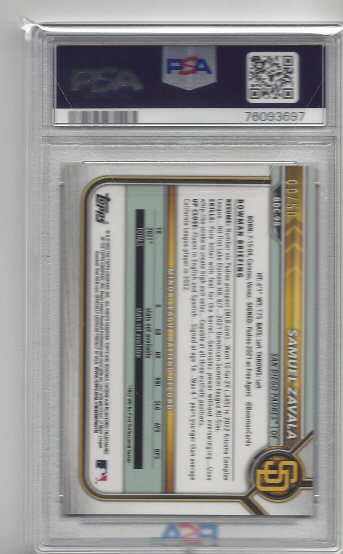 SAMUEL ZAVALA 2022 BOWMAN DRAFT CHROME GOLD REFRACTOR #D 9/50 PSA 10 GEM POP 1/1