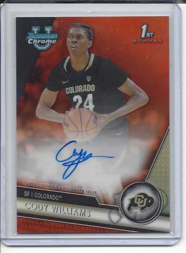 CODY WILLIAMS 2023-24 BOWMAN CHROME UNIVERSITY 1ST ORANGE REFRACTOR AUTO #D 5/25