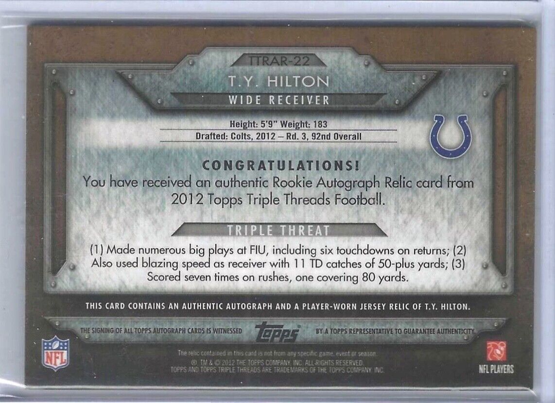 TY HILTON 2012 TOPPS TRIPLE THREADS SEPIA ROOKIE PATCH AUTO RC #D 12/75