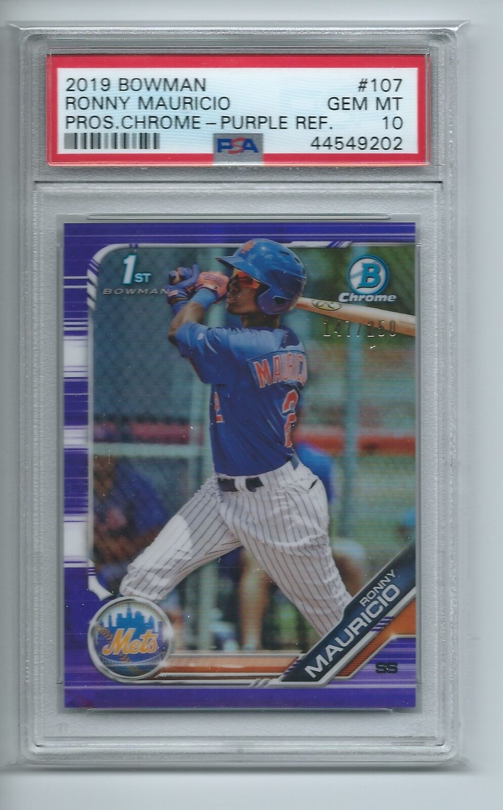 RONNY MAURICIO 2019 BOWMAN PROSPECTS CHROME PURPLE REFRACTOR 1ST /250 PSA 10 GEM