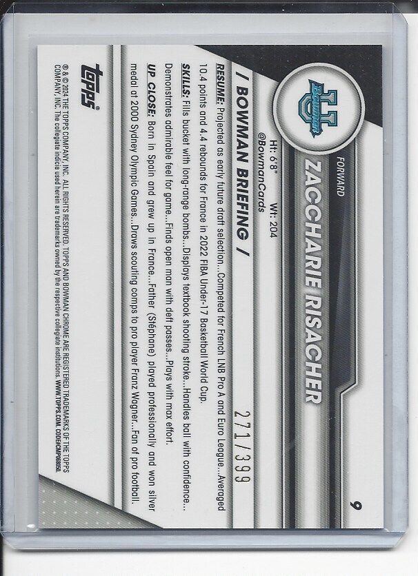 ZACCHARIE RISACHER 2023-24 BOWMAN CHROME UNIVERSITY PURPLE REFRACTOR 271/399