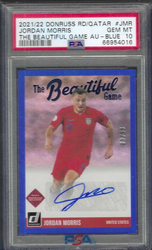 JORDAN MORRIS 2021-22 DONRUSS BEAUTIFUL GAME BLUE USA AUTO /99 PSA 10 POP 1/1
