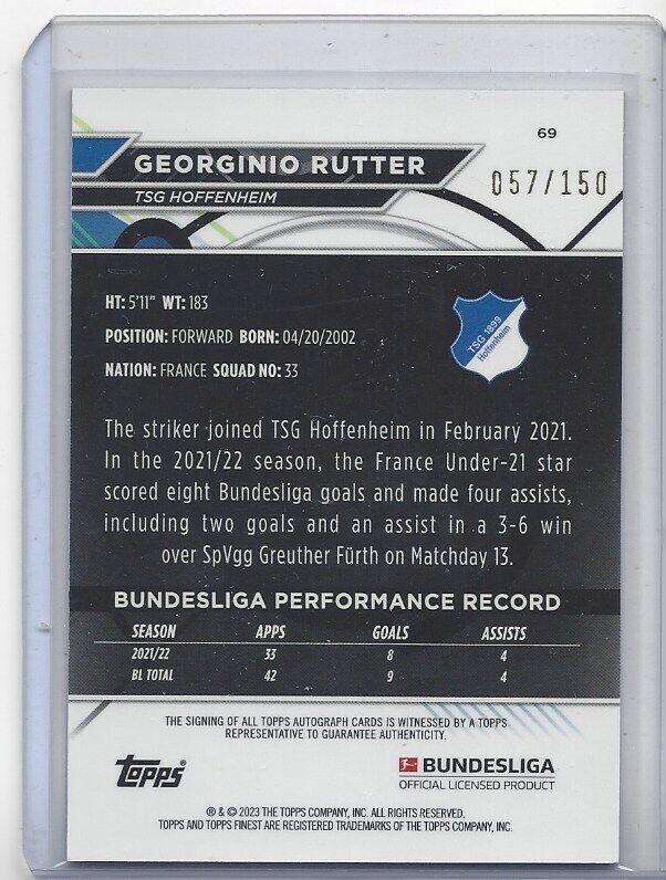 GEORGINIO RUTTER 2022-23 TOPPS FINEST BUNDESLIGA BLACK REFRACTOR AUTO #D 57/150