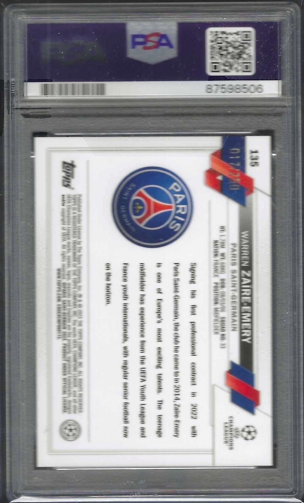 WARREN ZAIRE-EMERY 2022 TOPPS CHROME PINK X-FRACTOR RC /250 PSA 10 GEM POP 3