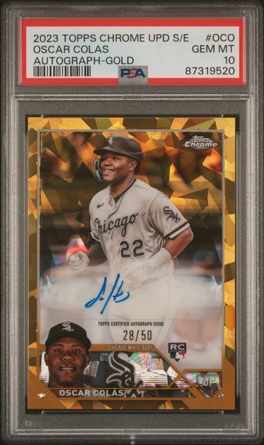 OSCAR COLAS 2023 TOPPS CHROME UPDATE SAPPHIRE GOLD REFRACTOR AUTO RC /50 PSA 10