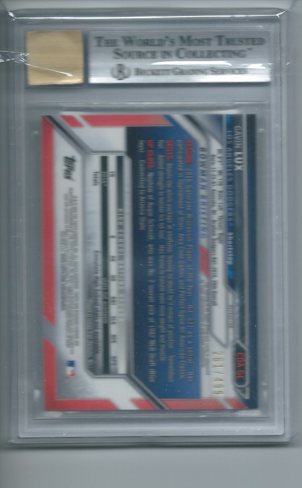 GAVIN LUX 2016 BOWMAN CHROME DRAFT 1ST REFRACTOR AUTO #D 261/499 BGS 9 MINT