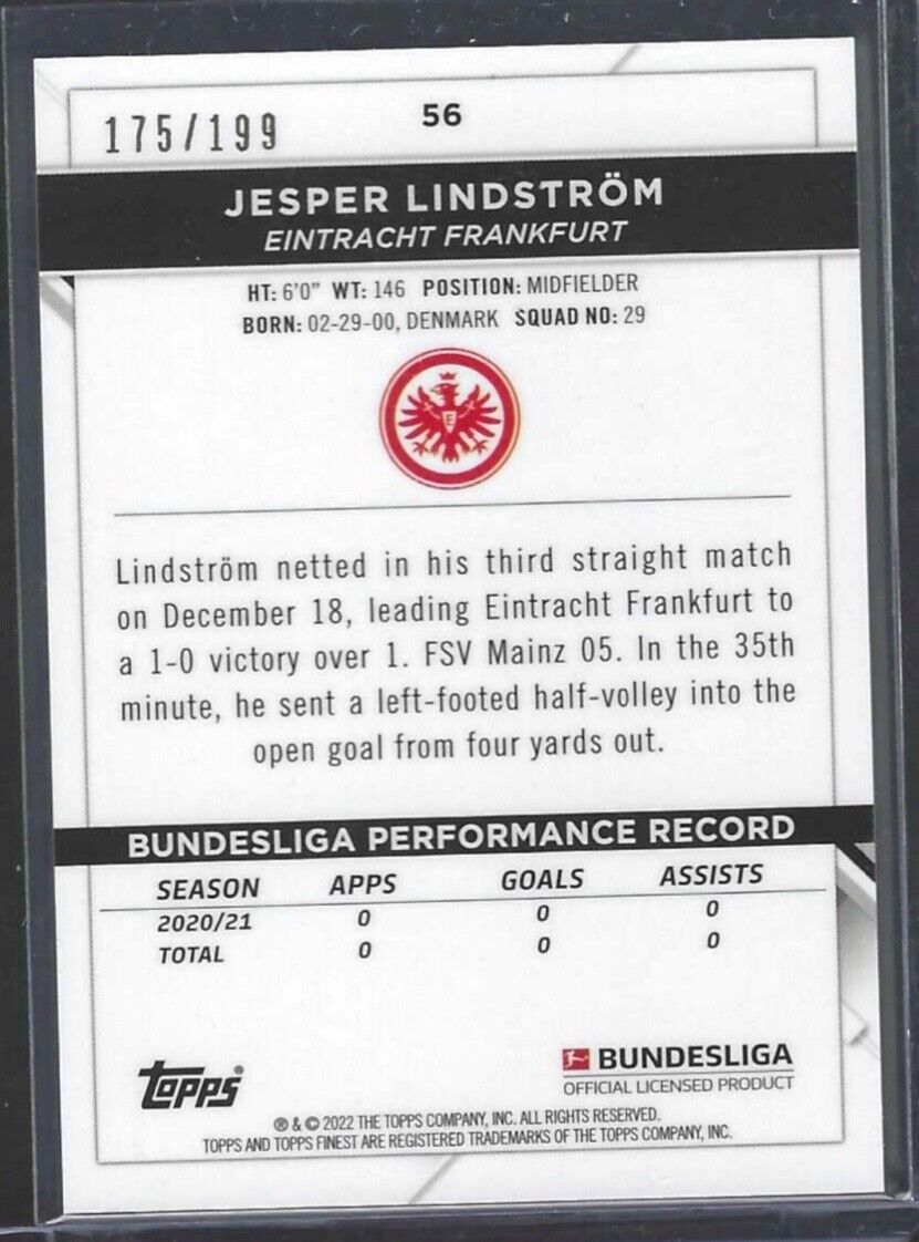 JESPER LINDSTROM 2021-22 TOPPS FINEST BLACK REFRACTOR ROOKIE RC #D 175/199