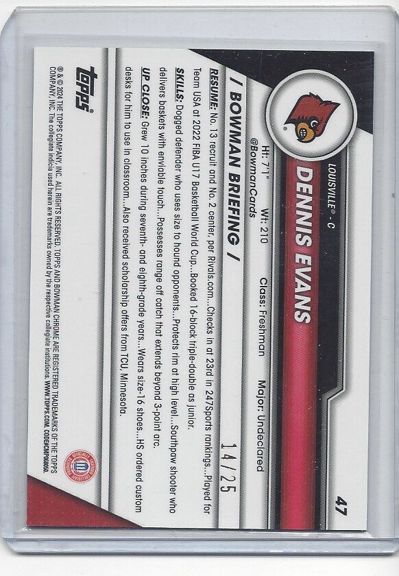 DENNIS EVANS 2023-24 BOWMAN CHROME UNIVERSITY 1ST ORANGE REFRACTOR #D 14/25