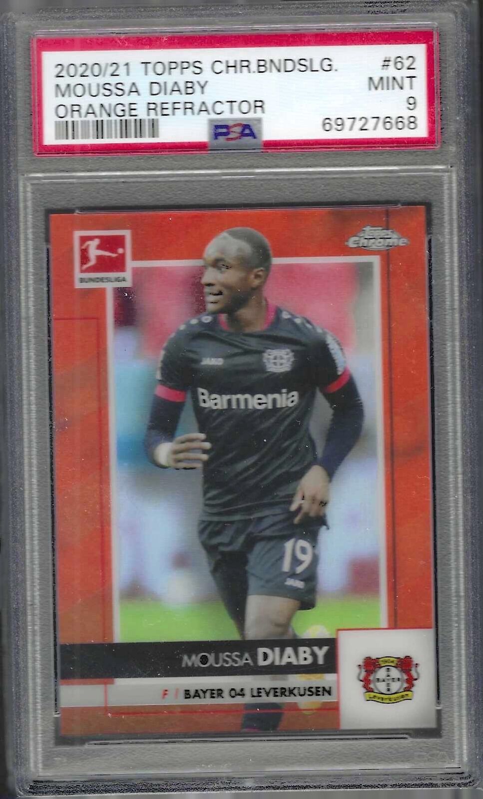 MOUSSA DIABY 2020-21 TOPPS CHROME BUNDESLIGA ORANGE REFRACTOR RC /25 PSA 9 POP 5