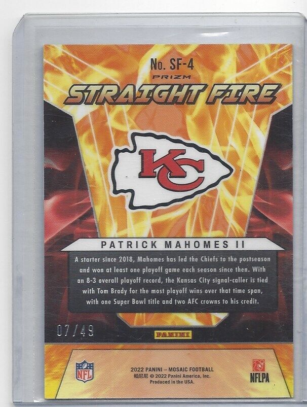 PATRICK MAHOMES II 2022 PANINI MOSAIC STRAIGHT FIRE PURPLE PRIZM #D 7/49