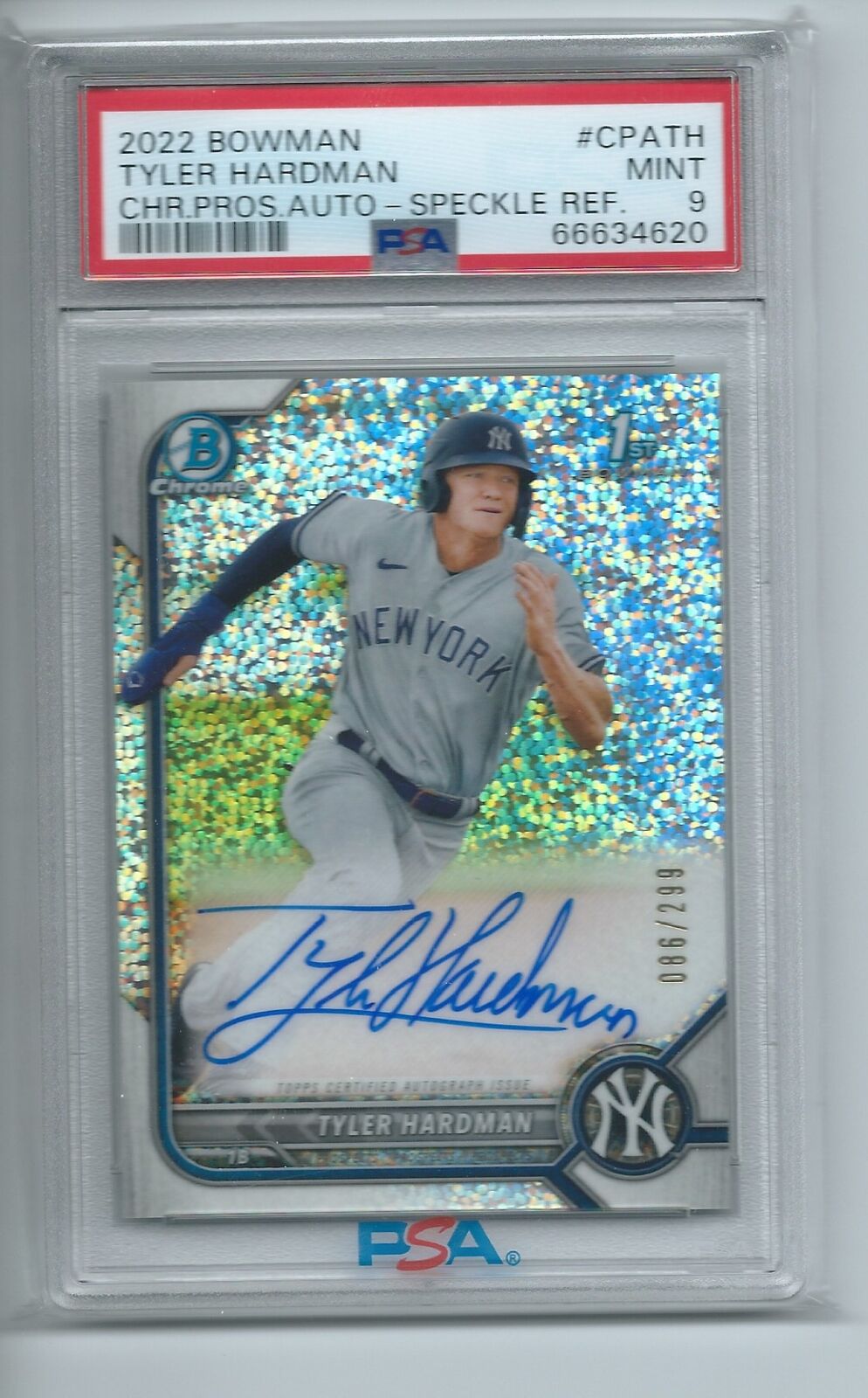 TYLER HARDMAN 2022 BOWMAN CHROME PROSPECTS 1ST SPECKLE REFRACTOR AUTO /299 PSA 9