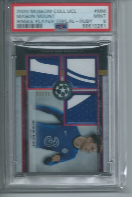 MASON MOUNT 2020 TOPPS MUSEUM COLLECTION UCL TRIPLE PATCH RUBY #D 20/25 PSA 9