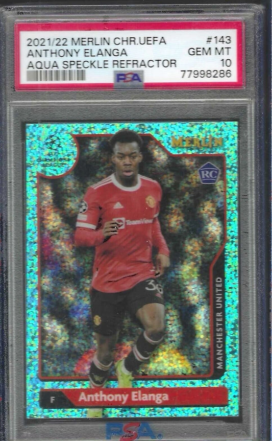 ANTHONY ELANGA 2021-22 TOPPS MERLIN AQUA SPECKLE REFRACTOR RC /199 PSA 10 POP 2