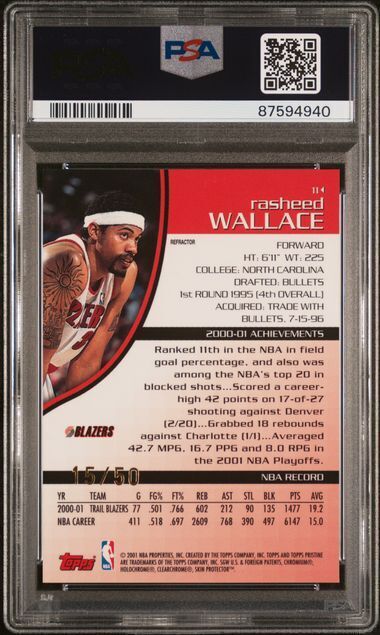 RASHEED WALLACE 2001 TOPPS PRISTINE REFRACTOR #D 15/50 PSA 10 GEM MINT POP 1/1