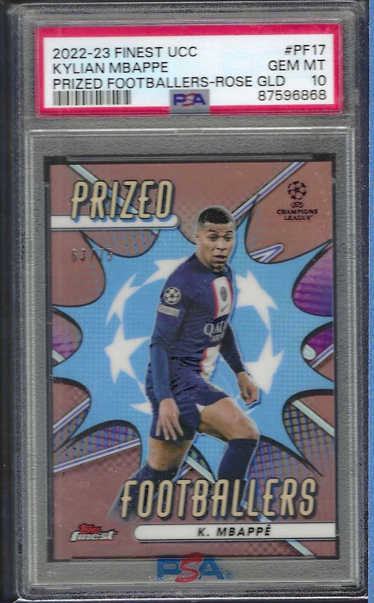 KYLIAN MBAPPE 2022-23 TOPPS FINEST PRIZED FOOTBALLERS ROSE GOLD /75 PSA 10 GEM