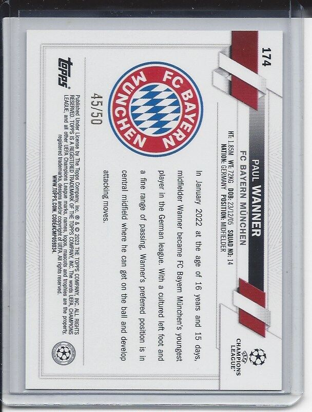 PAUL WANNER 2022-23 TOPPS CLUB COMPETITIONS GOLD FOIL BAYERN MUNICH #D 45/50