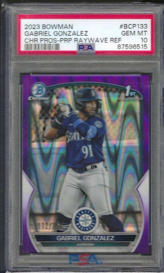 GABRIEL GONZALEZ 2023 BOWMAN CHROME PURPLE 1ST RAYWAVE REFRACTOR /250 PSA 10