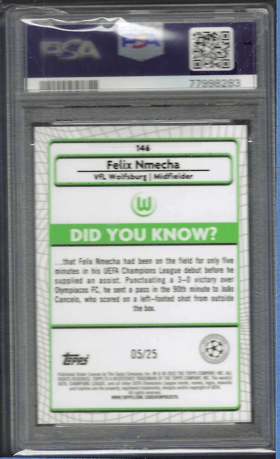 FELIX NMECHA 2021-22 TOPPS MERLIN ORANGE REFRACTOR RC /25 PSA 10 GEM MINT POP 2