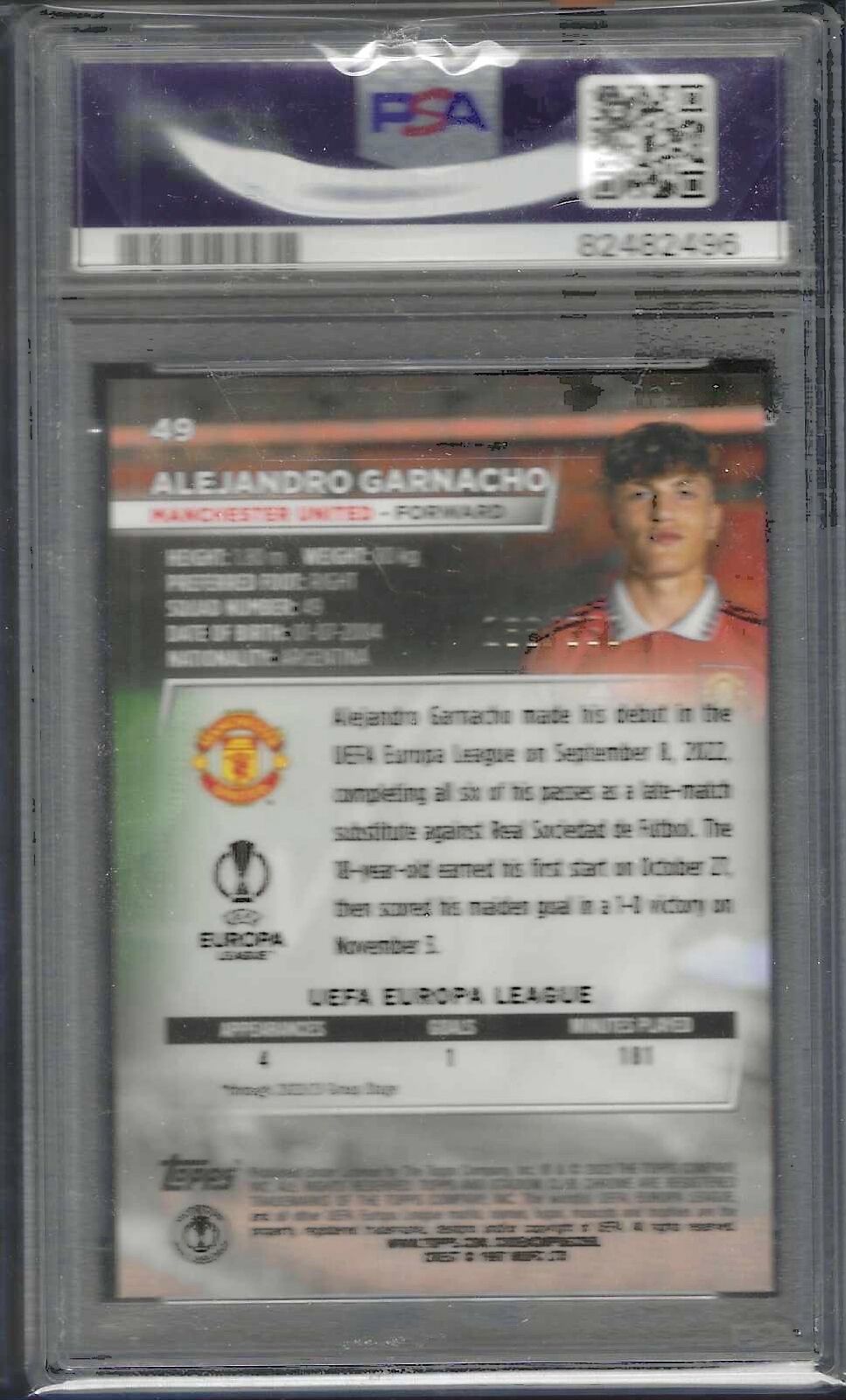 ALEJANDRO GARNACHO 2022-23 TOPP STADIUM CLUB BLACK WHITE PRIZM RC /350 PSA 10