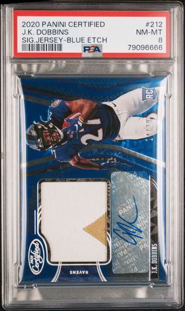JK DOBBINS 2020 CERTIFIED FRESHMAN FABRIC BLUE ETCH PATCH AUTO RC #D 14/20 PSA 8