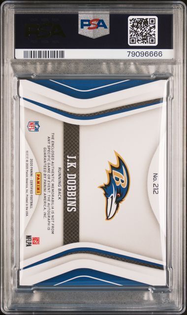 JK DOBBINS 2020 CERTIFIED FRESHMAN FABRIC BLUE ETCH PATCH AUTO RC #D 14/20 PSA 8