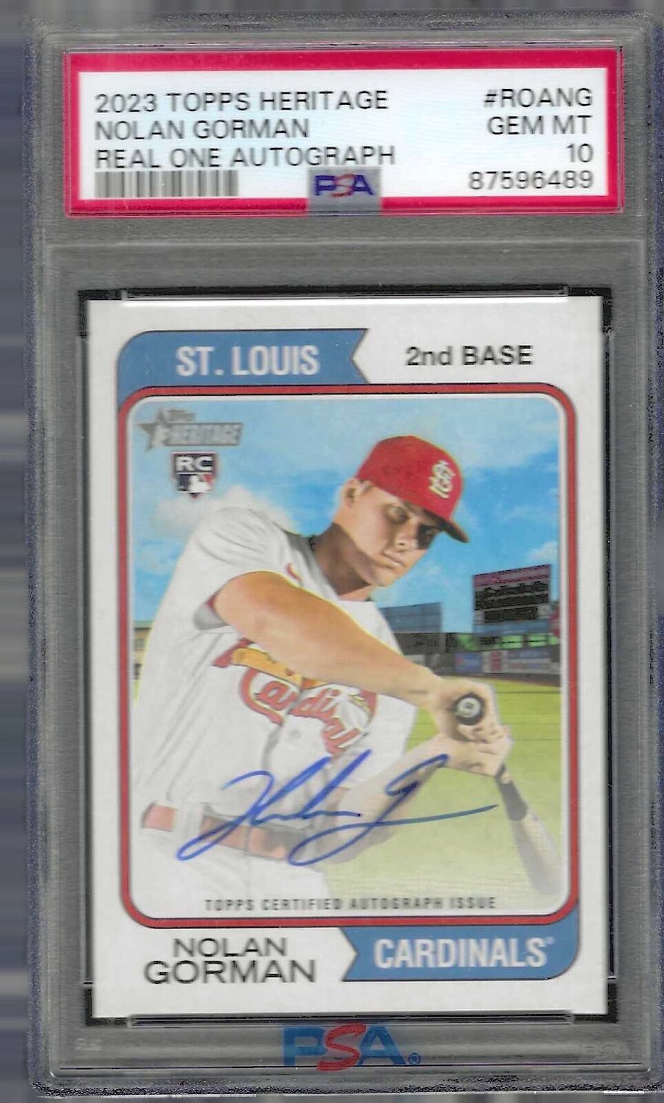 NOLAN GORMAN 2023 TOPPS HERITAGE REAL ONE ROOKIE AUTO RC #ROA-NG PSA 10 GEM MINT