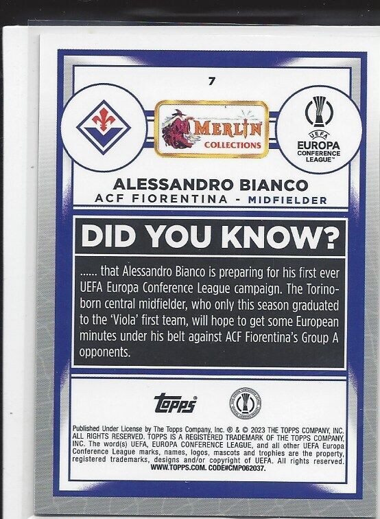 ALESSANDRO BIANCO 2022-23 TOPPS MERLIN CHROME VINTAGE SP REFRACTOR RC #7