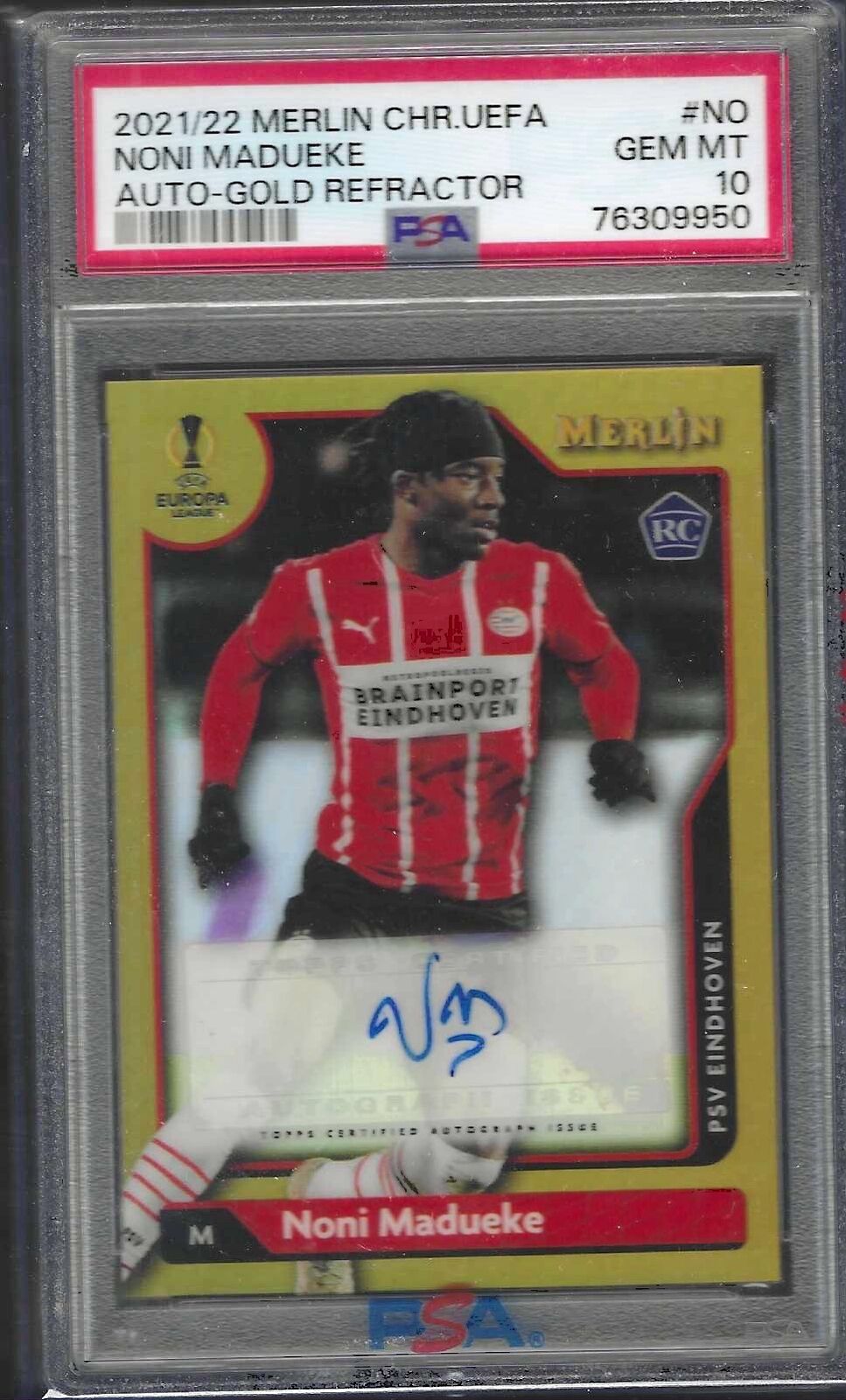 NONI MADUEKE 2021-22 TOPPS MERLIN GOLD REFRACTOR AUTO RC /50 PSA 10 GEM POP 7