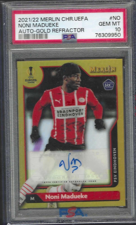 NONI MADUEKE 2021-22 TOPPS MERLIN GOLD REFRACTOR AUTO RC /50 PSA 10 GEM POP 7