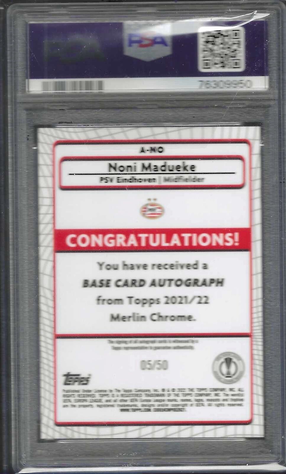 NONI MADUEKE 2021-22 TOPPS MERLIN GOLD REFRACTOR AUTO RC /50 PSA 10 GEM POP 7