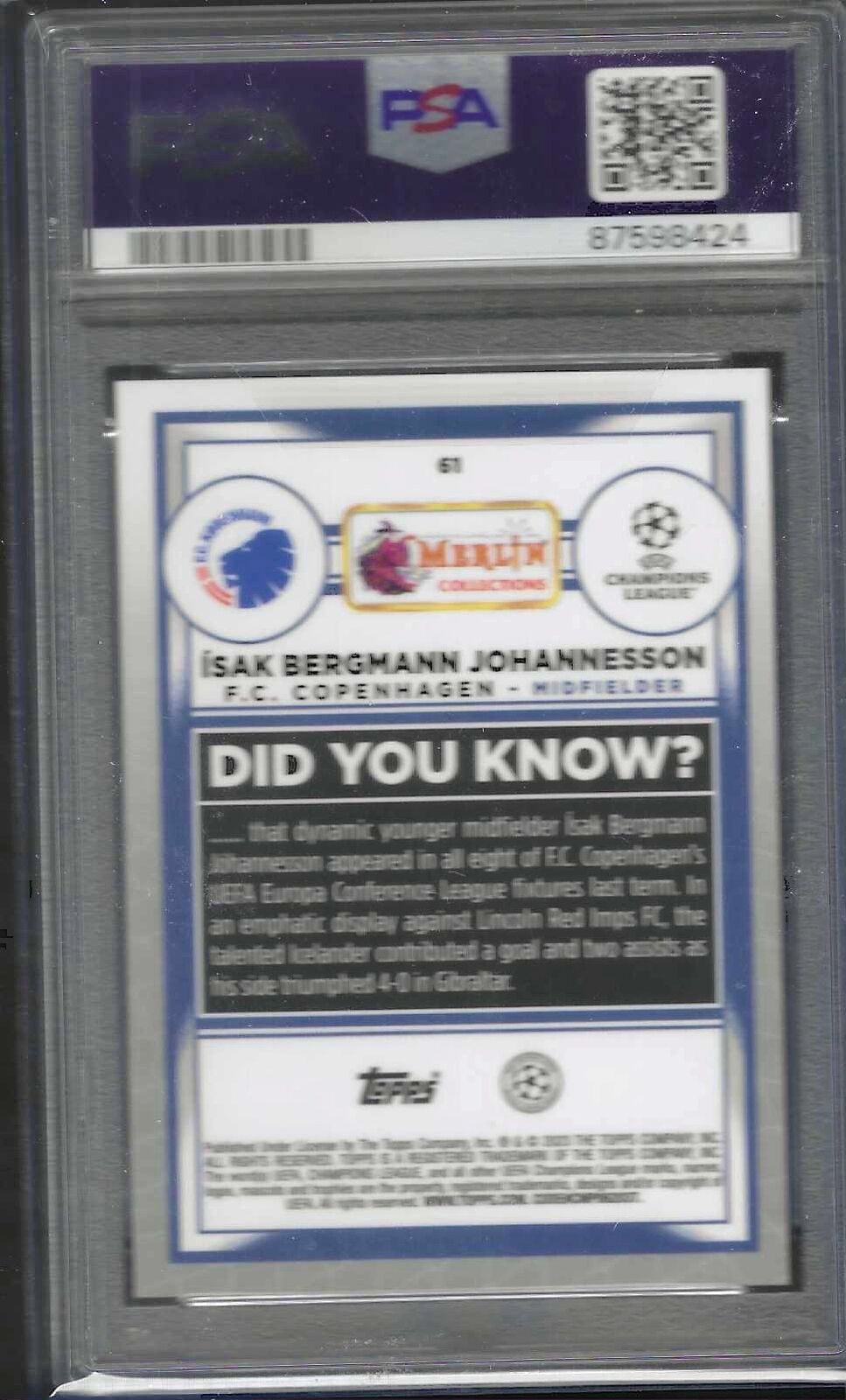 ISAK BERGMANN JOHANNESSON 2022-23 TOPPS MERLIN ORANGE MOJO RC /25 PSA 10 POP 3