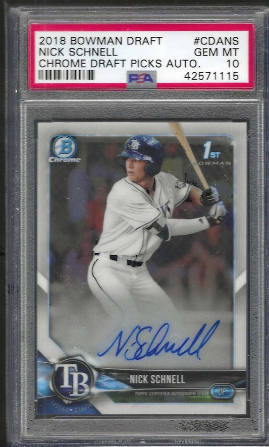 NICK SCHNELL 2018 BOWMAN DRAFT CHROME 1ST PROSPECT AUTO #CDA-NS PSA 10 GEM MINT