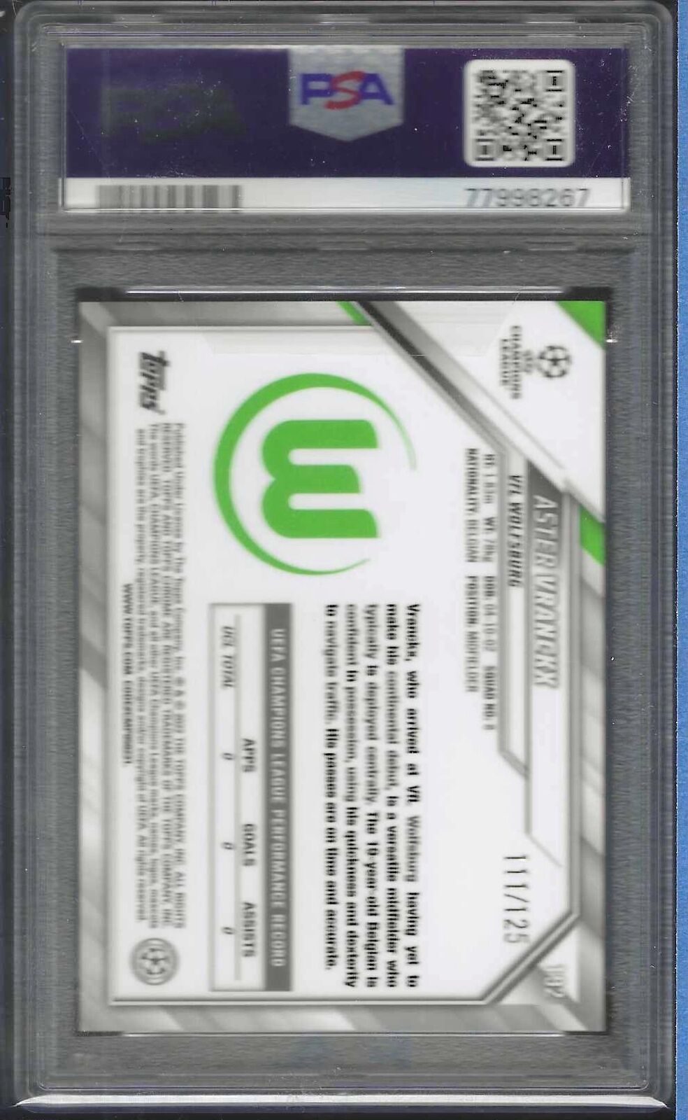 ASTER VRANCKX 2021-22 TOPPS CHROME UCL ROSE GOLD REFRACTOR RC /125 PSA 10 POP 1