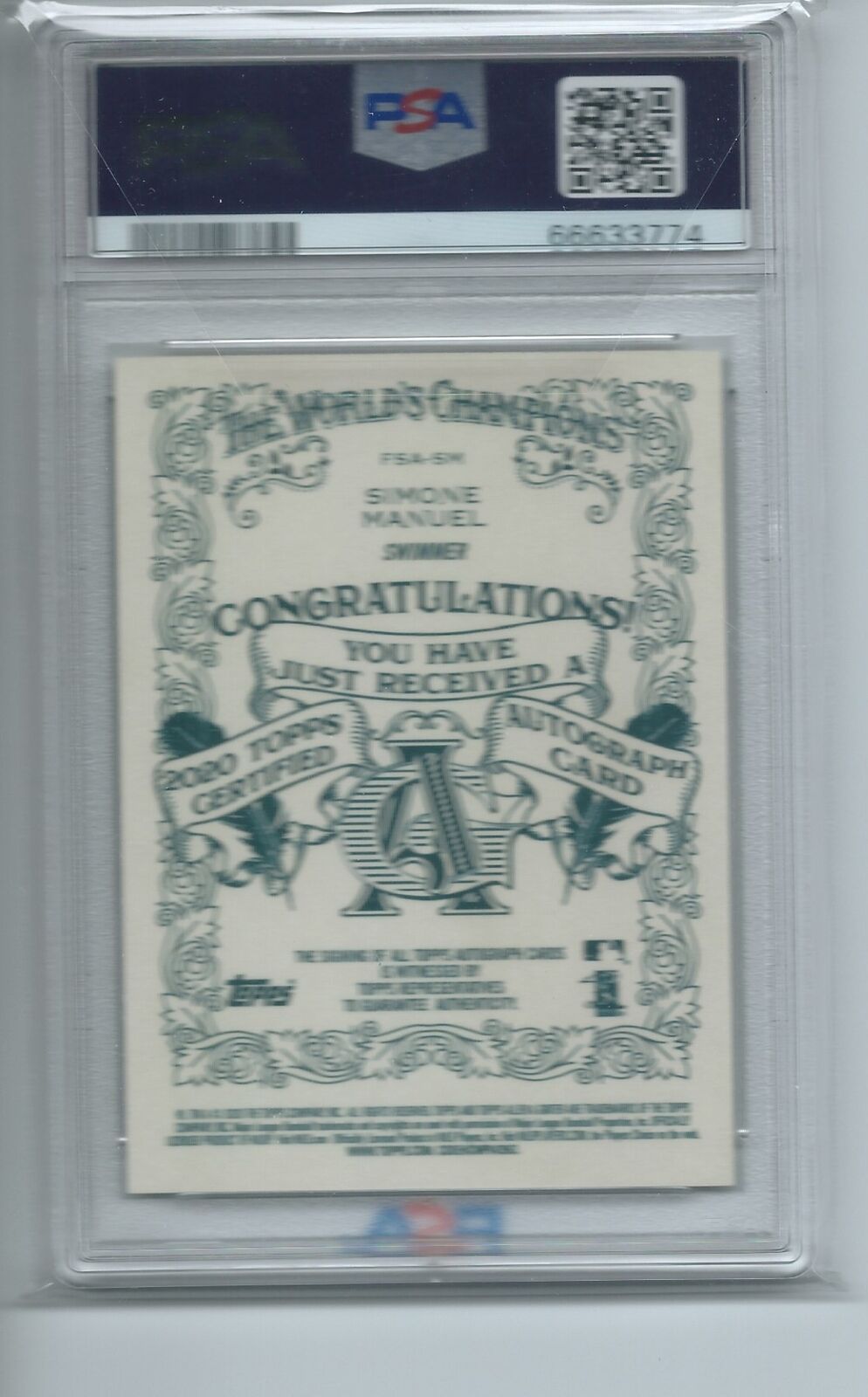 SIMONE MANUEL 2020 TOPPS ALLEN & GINTER  FULL SIZE AUTO PSA 10 GEM MINT POP 3