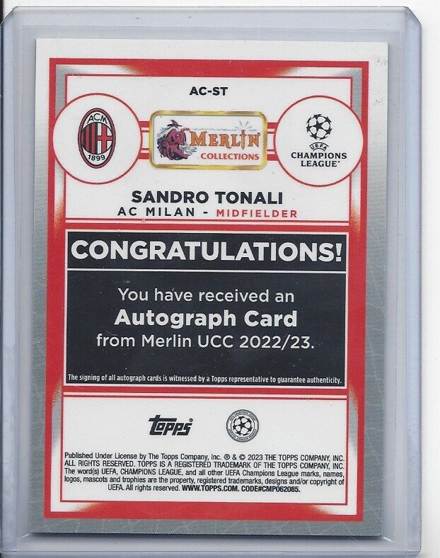 SANDRO TONALI 2022-23 TOPPS MERLIN CHROME AC MILAN REFRACTOR AUTO